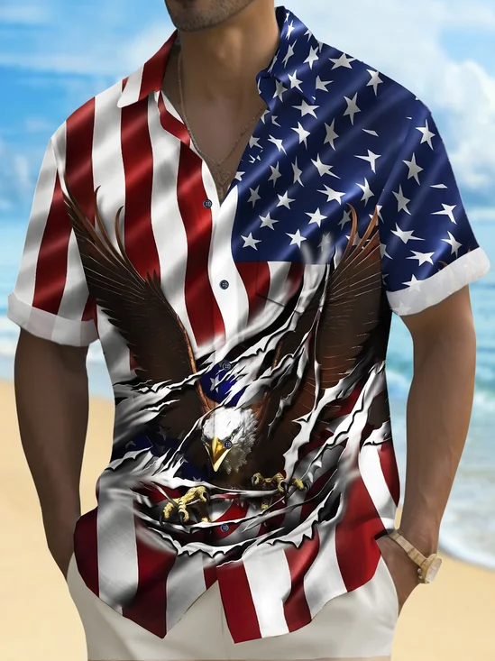 Royaura® Holiday Men's Independence Day Flag Eagle Print Casual Breathable Short Sleeve Shirt Big Tall
