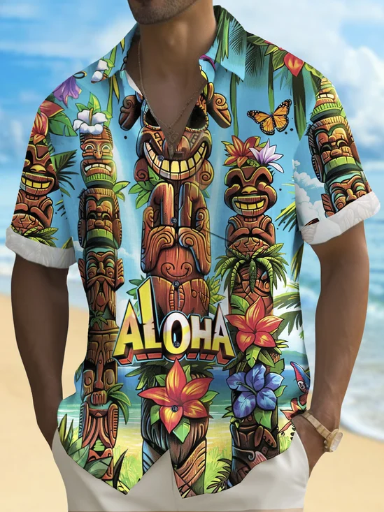Royaura® Beach Vacation Men's Hawaiian Shirt Tiki Print Tiki Sculptor Pocket Camping Shirt Big Tall