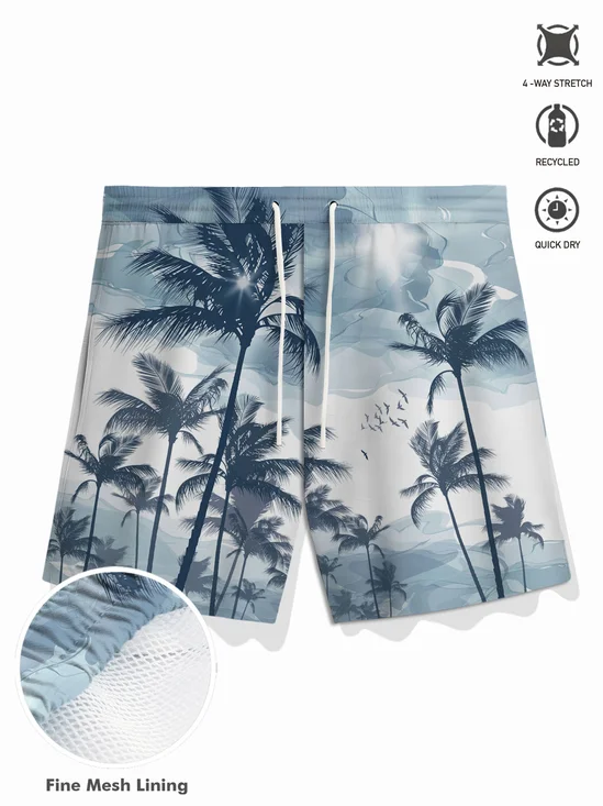 Royaura® Hawaiian Coconut Tree Ombre Print Men's Button Pocket Board Shorts
