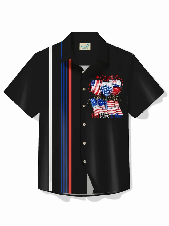 Royaura® Independence Day Black Bowling Shirt Holiday American Flag Wine Glass Pocket Camp Shirt Big Tall