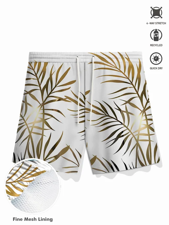 Royaura® Hawaiian Bamboo Leaf Print Men's Button Pocket Board Shorts