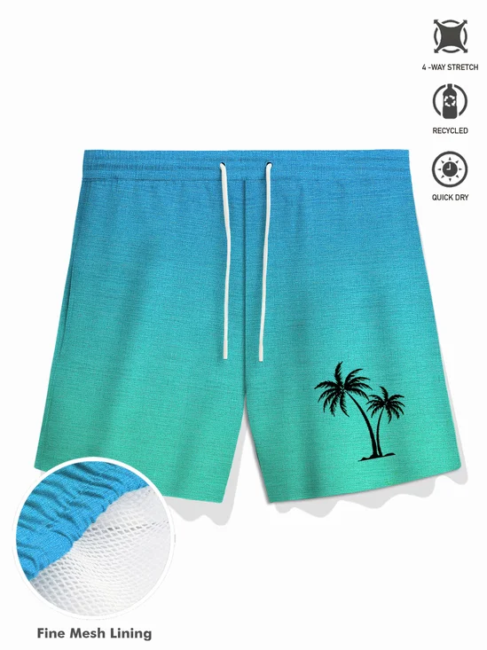 Royaura® Hawaiian Coconut Tree Ombre Print Men's Button Pocket Board Shorts
