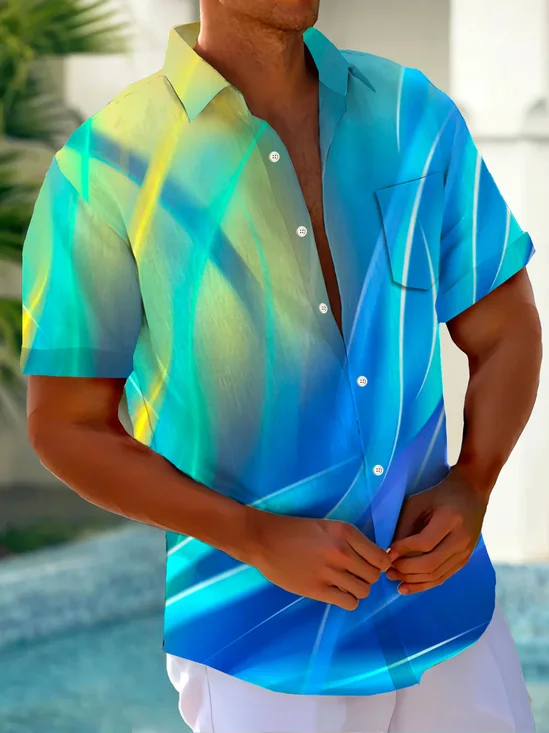 Royaura® Hawaiian Geometric Gradient 3D Print Men's Button Pocket Short Sleeve Shirt
