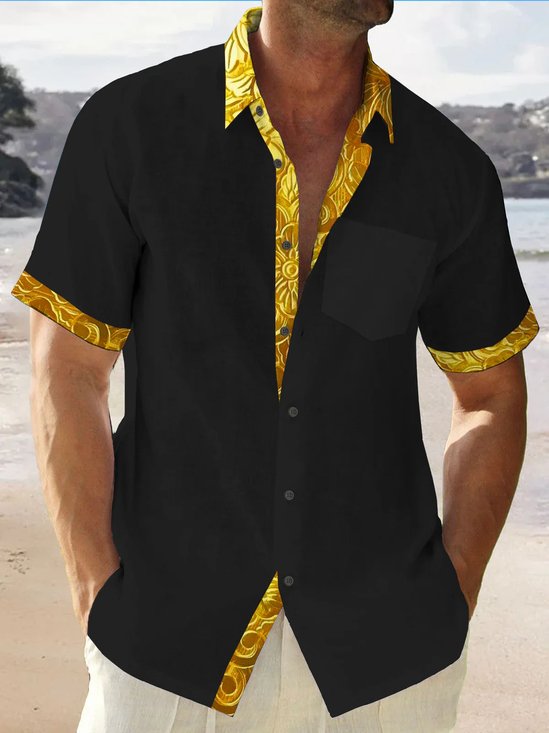 Royaura® Vintage Gold Floral 3D Print Men's Button Pocket Short Sleeve Shirt