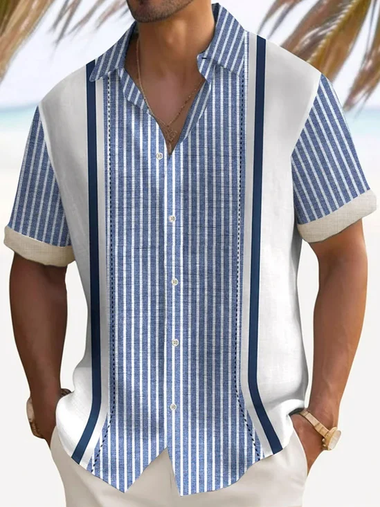 Royaura® Retro Striped 3D Print Men's Button Pocket Short Sleeve Shirt