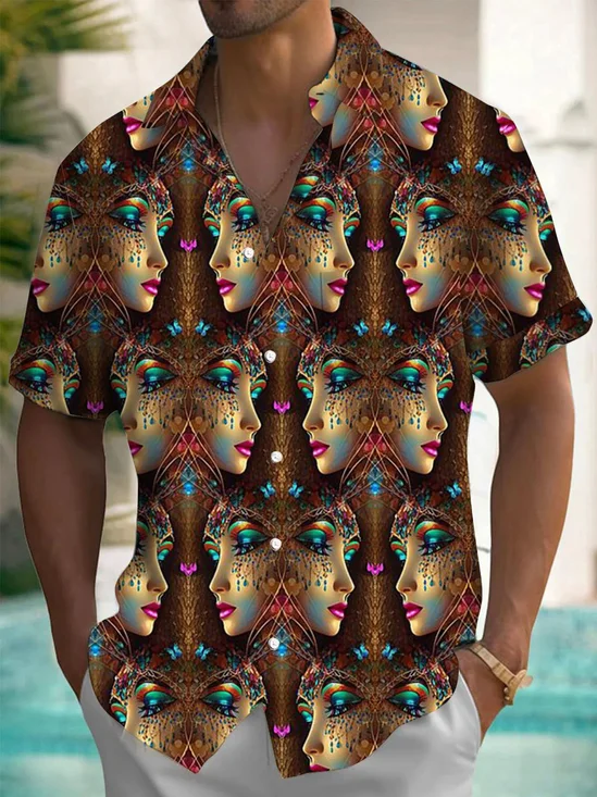 Royaura® Retro Art Face 3D Print Men's Button Pocket Short Sleeve Shirt