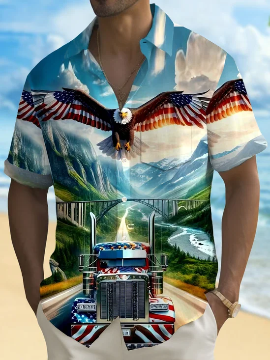 Royaura® Hawaii Flag Eagle Car 3D Print Men's Button Pocket Short Sleeve Shirt