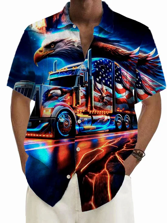 Royaura® Retro Flag Eagle Car 3D Print Men's Button Pocket Short Sleeve Shirt