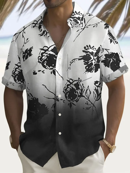 Royaura® Retro Gradient Rose Flower 3D Print Men's Button Pocket Short Sleeve Shirt