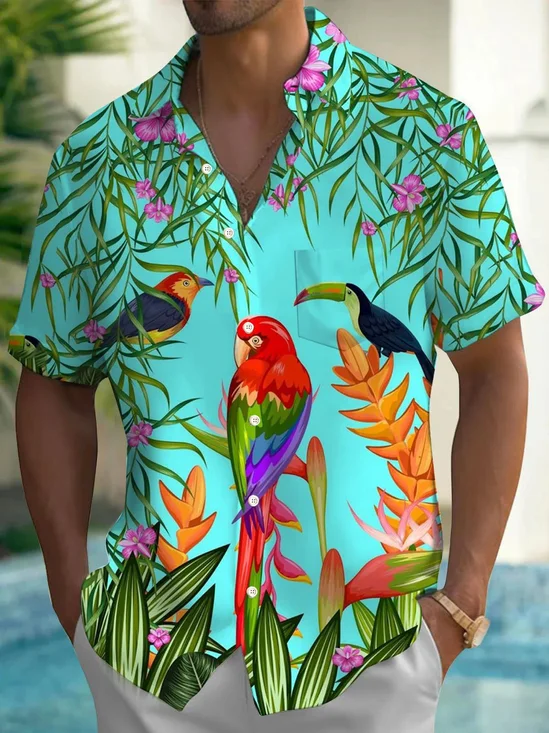 Royaura® Hawaiian Floral Parrot Print Men's Button Pocket Short Sleeve Shirt