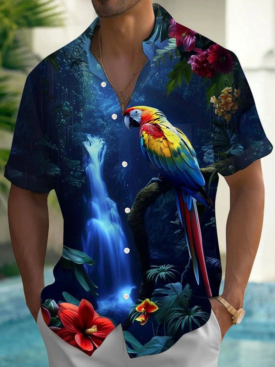 Royaura® Hawaiian Parrot Print Men's Button Pocket Short Sleeve Shirt