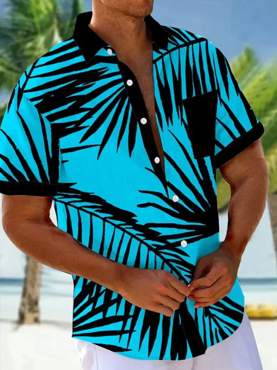 Royaura® Hawaiian Blue Plant Leaves 3D Print Men's Button Pocket Short Sleeve Shirt