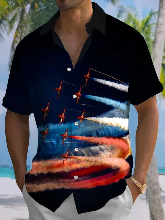 Royaura® Retro Airplane Flight Show 3D Print Men's Button Pocket Short Sleeve Shirt