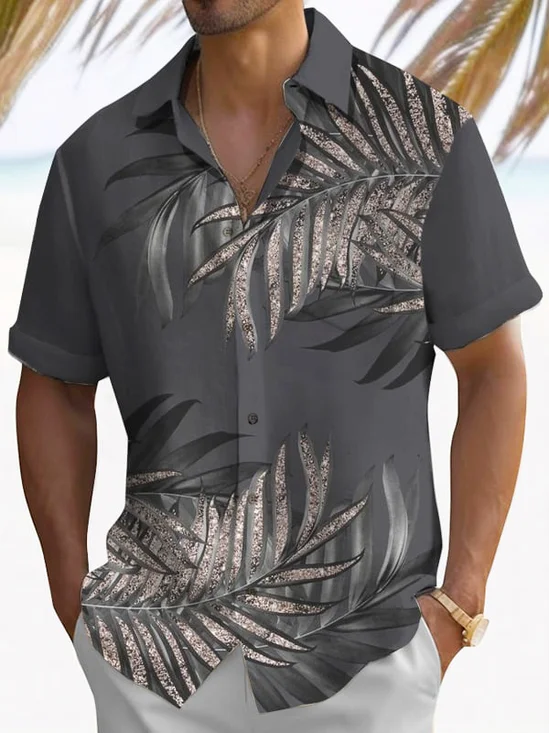 Royaura® Beach Vacation Tropical Leaves Men's Hawaiian Shirt Stretch Camp Pocket Shirt Big Tall