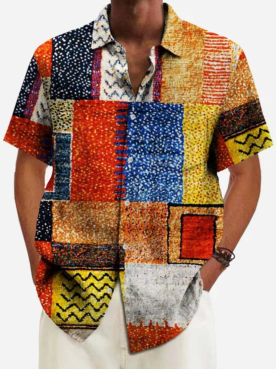 Royaura® Retro 50's Medieval Geometric Men's Shirt Camp Pocket Quick Dry Art Shirt Big Tall