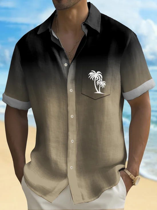 Royaura® Beach Vacation Men's Hawaiian Shirt Black Brown Gradient Coconut Tree Print Pocket Camping Shirt Big Tall