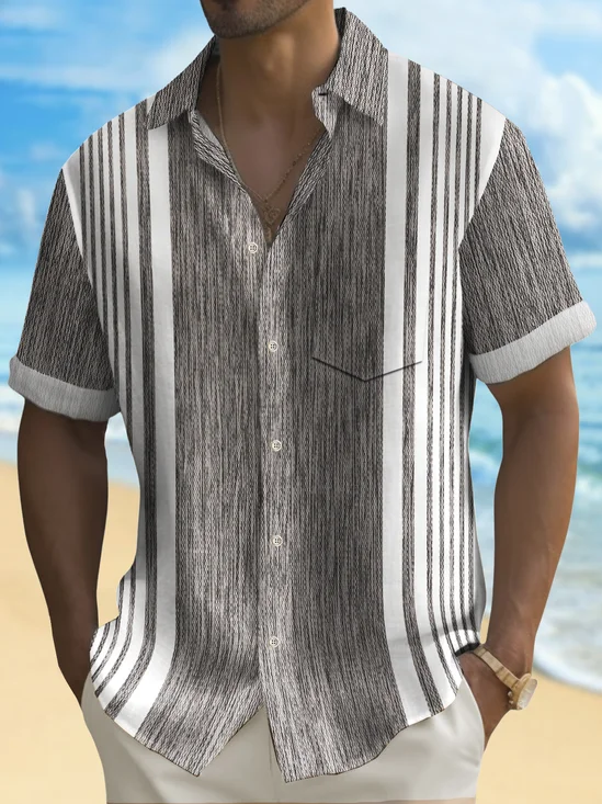 Royaura® Vintage Bowling Abstract Texture Line Print Chest Pocket Shirt Plus Size Men's Shirt Big Tall