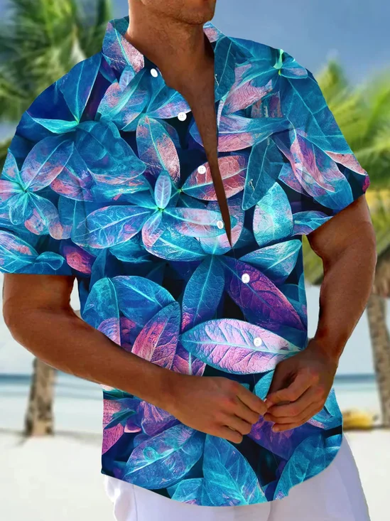 Royaura® Hawaii Plant Leaves Gradient Print Men's Button Pocket Short Sleeve Shirt