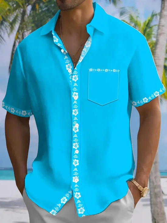 Royaura® Hawaii Floral Print Men's Button Pocket Short Sleeve Shirt