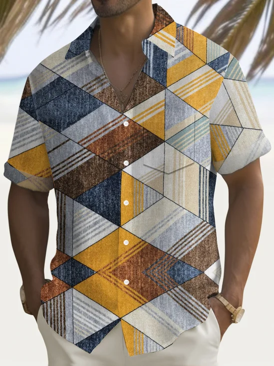 Royaura®Retro Geometric Color Block 3D Gradient Print Men's Button Pocket Short Sleeve Shirt