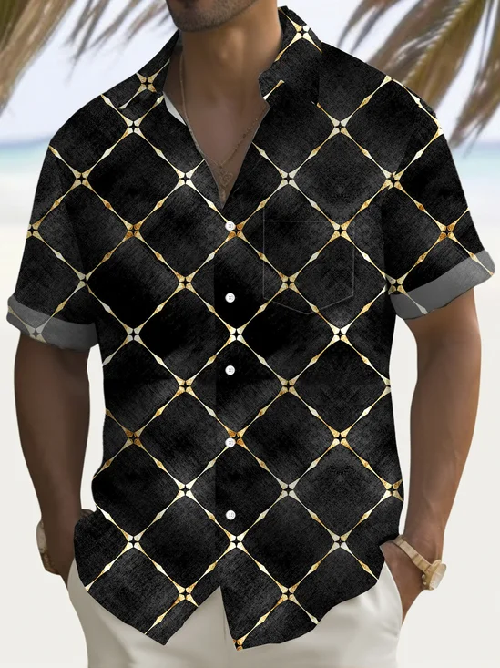 Royaura® Vintage Gold Geometric Gradient Print Men's Button Pocket Short Sleeve Shirt
