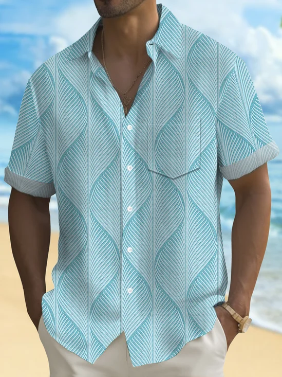 Royaura® Retro Geometric Gradient Texture Print Men's Button Pocket Short Sleeve Shirt