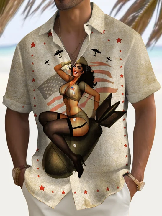 Royaura® Independence Day Men's Hawaiian Shirt Atomic Bomb Poster Girl Art Quick Dry Pocket Shirt Big Tall