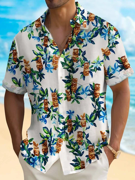 Royaura® Beach Vacation TIKI Sculpture Art Men's Hawaiian Shirt Tropical Palm Tree Quick-Dry Sculptor Shirt