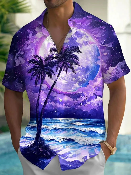 Royaura® Hawaiian Coconut Tree Moon Print Men's Button Pocket Short Sleeve Shirt