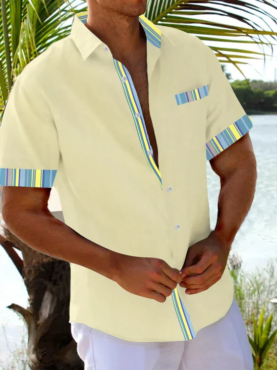 Royaura® Basic Men's Hawaiian Shirt Striped Patchwork Printed Stretch Pocket Camping Shirt Big Tall