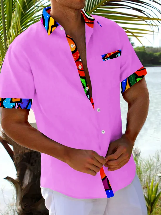 Royaura® Basic Men's Hawaiian Shirt Cartoon Patchwork Print Stretch Pocket Camping Shirt Big Tall