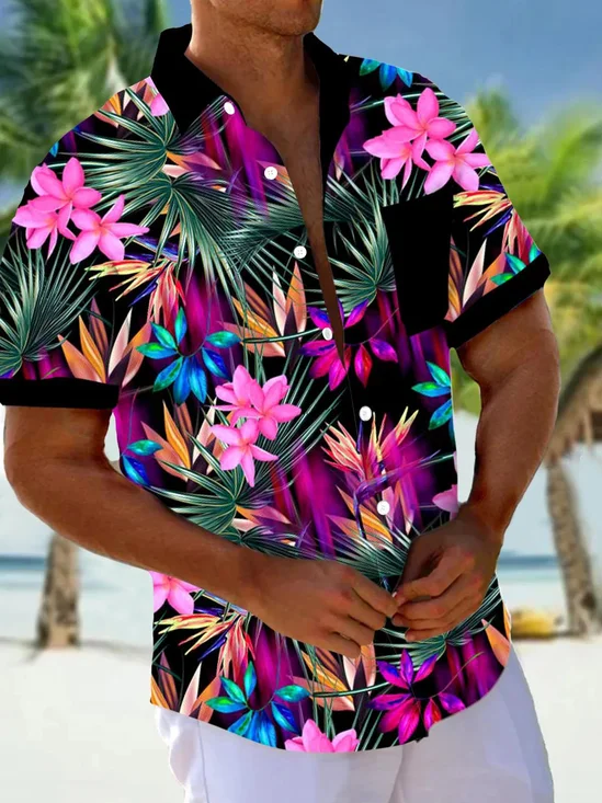Royaura® Hawaiian Floral 3D Gradient Print Men's Button Pocket Short Sleeve Shirt