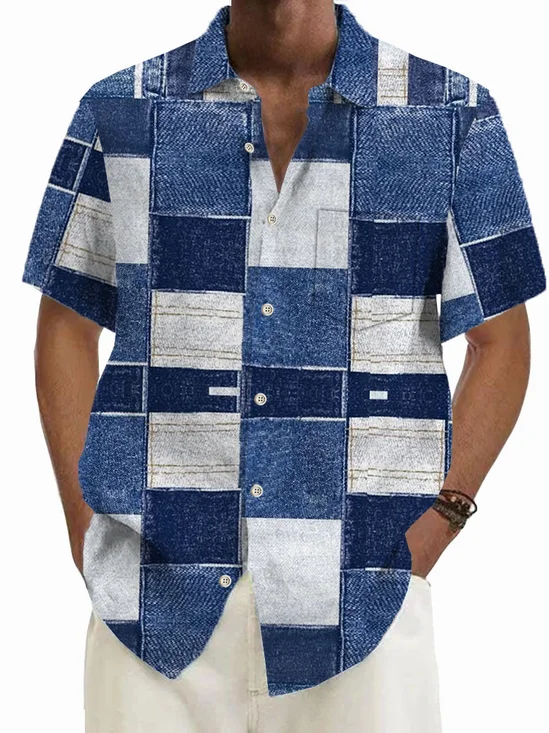 Royaura® Retro Geometric Denim Texture Print Men's Button Pocket Short Sleeve Shirt