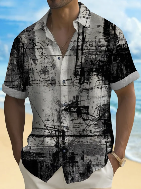 Royaura® Vintage Abstract Ink Texture Print Chest Pocket Shirt Plus Size Men's Shirt Big Tall
