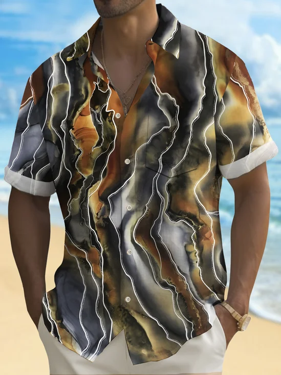 Royaura® Vintage Abstract Art Texture Line Print Chest Pocket Shirt Plus Size Men's Shirt Big Tall