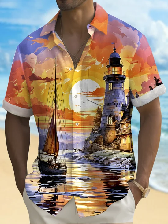 Royaura® Beach Vacation Men's Hawaiian Shirt Beach Sunset Sailboat Print Pocket Camping Shirt Big Tall