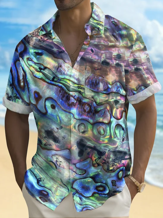 Royaura® Vintage Blue Gold Abstract Art Texture Line Print Chest Pocket Shirt Plus Size Men's Shirt Big Tall