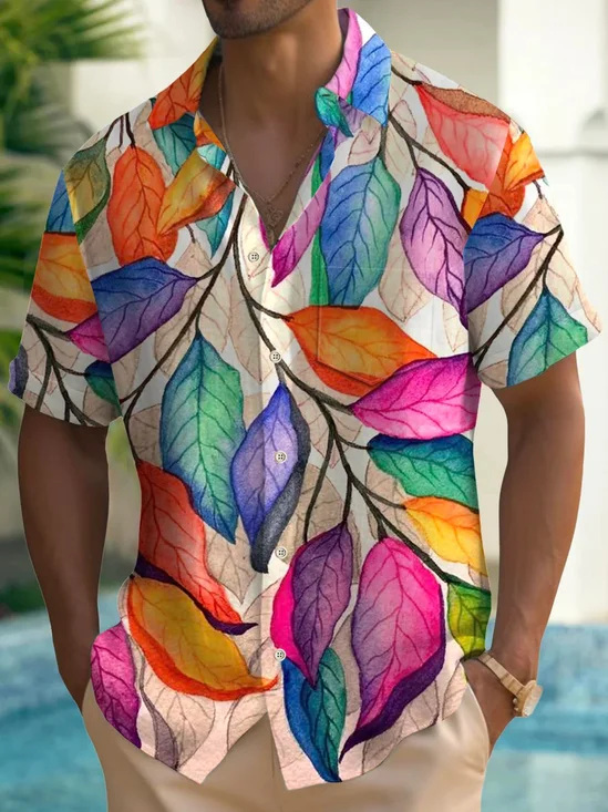 Royaura® Hawaiian Colorful Plant Leaves Print Men's Button Pocket Short Sleeve Shirt