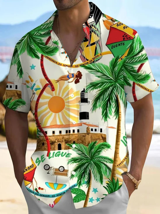 Royaura® Hawaii Coconut Tree Printed Men's Button Pocket Short Sleeve Shirt