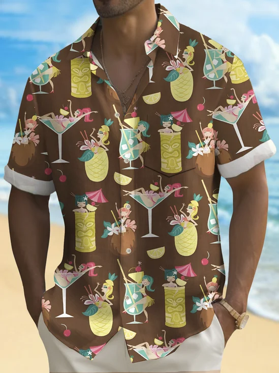 Royaura® Beach Vacation Men's Hawaiian Shirt Tiki Cocktail Girls Print Tiki Bar Bartender Pocket Camping Shirt
