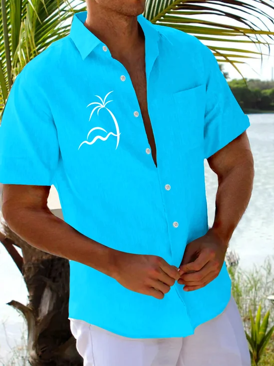 Royaura® Basic Men's Hawaiian Shirt Coconut Tree Print Stretch Pocket Camping Shirt Big Tall