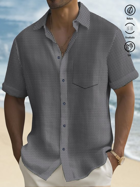 Royaura® Cotton Linen Vintage Abstract Texture Print Men's Hawaiian Shirt Breathable Comfortable Pocket Camping Shirt