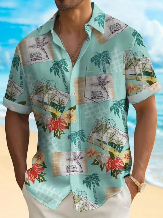 Royaura® Beach Vacation Men's Hawaiian Shirt Coconut Tree Art Quick Dry Pocket Camp Shirt Big Tall