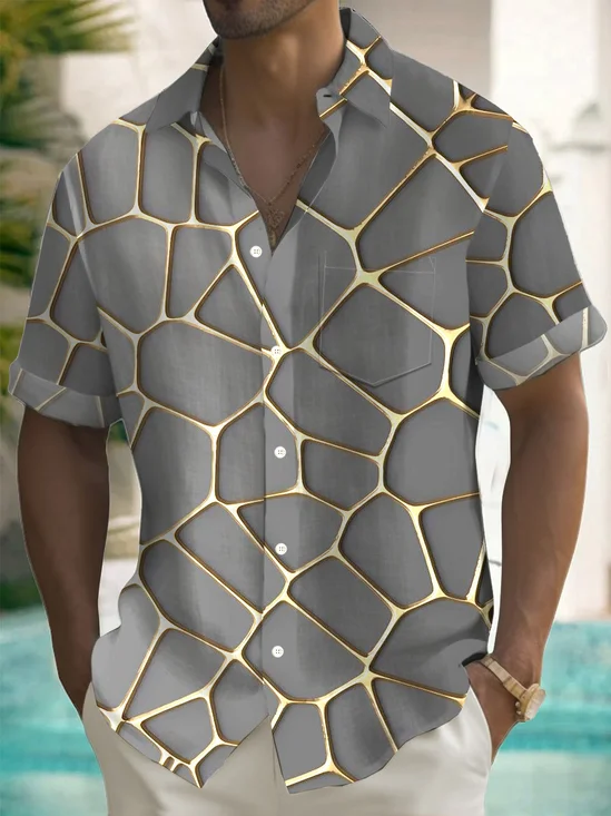 Royaura® Retro Geometric Gold 3D Print Men's Button Pocket Short Sleeve Shirt