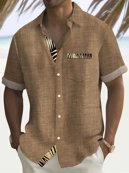 Royaura® Vintage Textured Botanical Hawaiian 3D Print Men's Button Pocket Short Sleeve Shirt