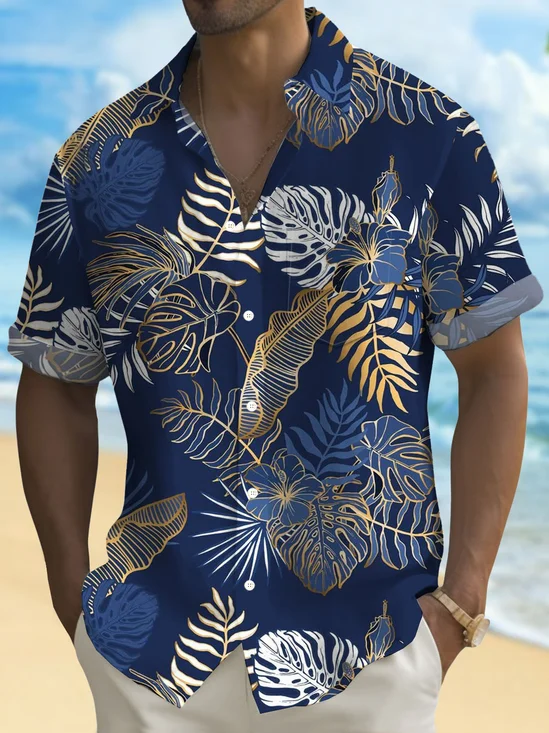 Royaura® Hawaiian Plant Golden Leaves 3D Print Men's Button Pocket Short Sleeve Shirt