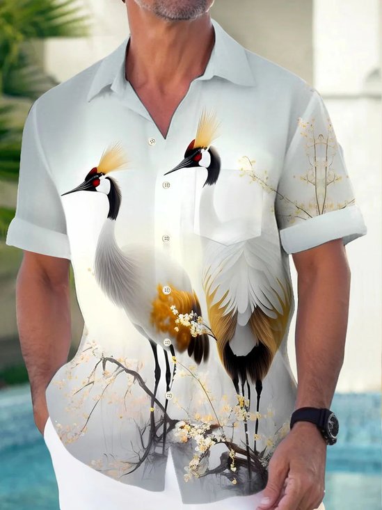 Royaura® Vintage Crane Print Men's Hawaiian Shirt Breathable Comfortable Pocket Camping Shirt