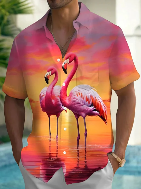 Royaura® Hawaiian Flamingo Gradient 3D Print Men's Button Pocket Short Sleeve Shirt