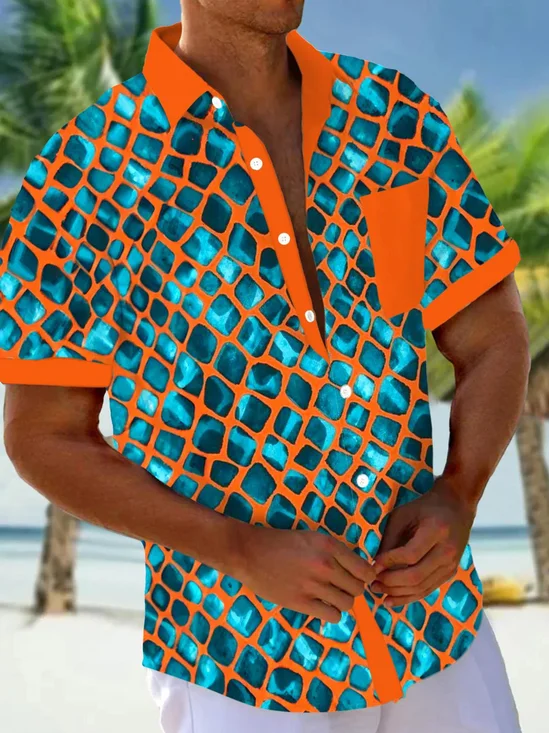 Royaura® Hawaiian Geometric Color Block 3D Print Men's Button Pocket Short Sleeve Shirt