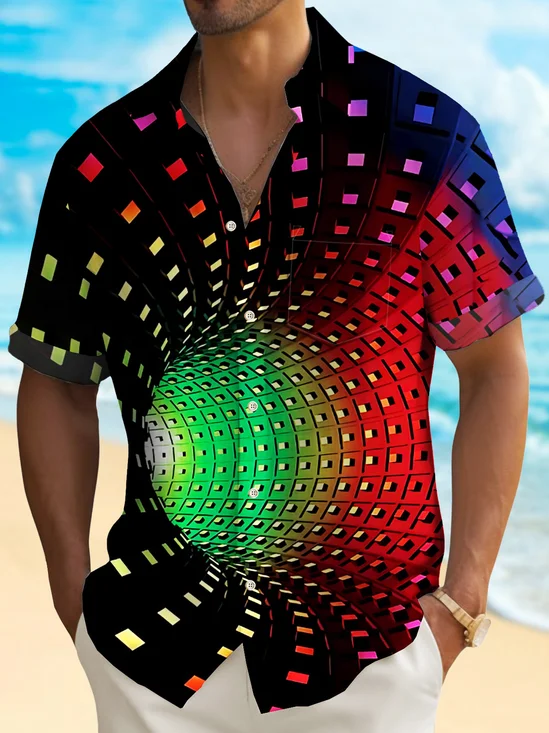Royaura® Vintage Geometric Art Men's Hawaiian Shirt Stretch Quick-Drying Stretch Pocket Shirt Big Tall